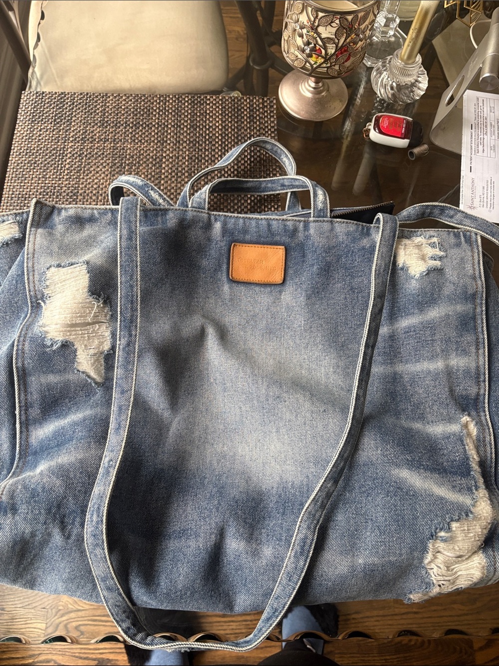 Telfar Distressed Denim Tote Bag in Light Blue - Picture 3 of 8